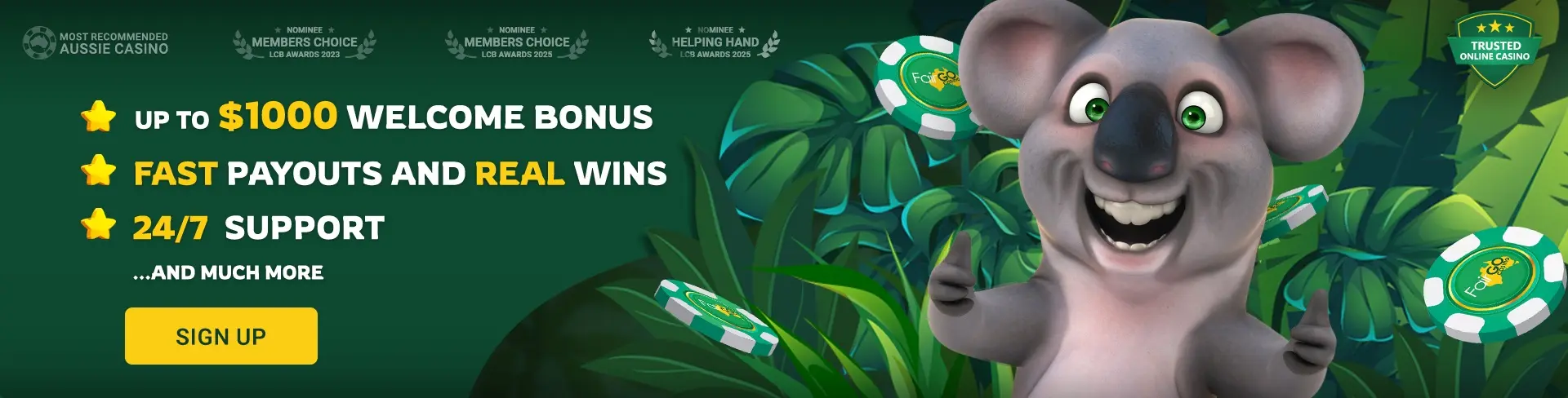 FairGo Casino banner featuring Kev the koala mascot